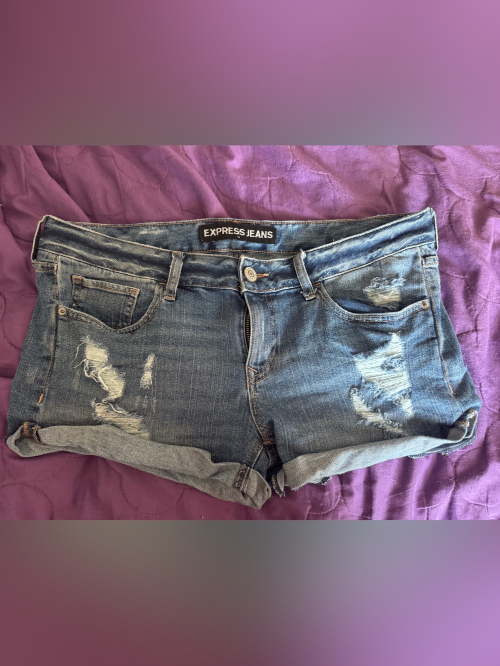 Express Distressed Dark Blue Rolled Hem Jean Shorts